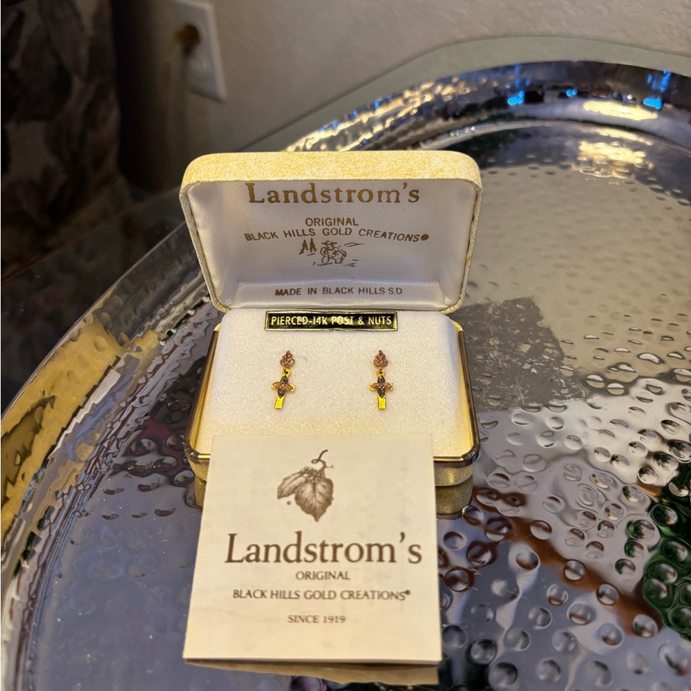 Vintage Landstrom's Black Hills Gold Cross Dangle Earrings - Picture 7 of 12